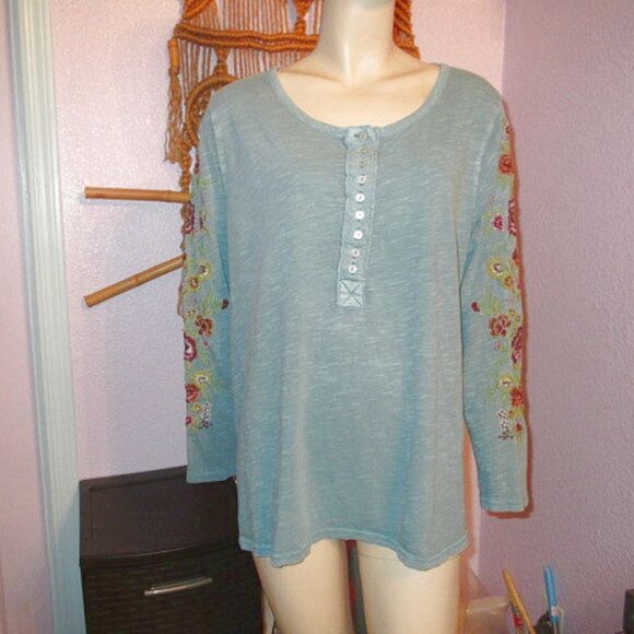 Sundance Embroidered Henley Top Size 1X Slub Knit Tunic Long Sleeves Boho - Picture 1 of 11